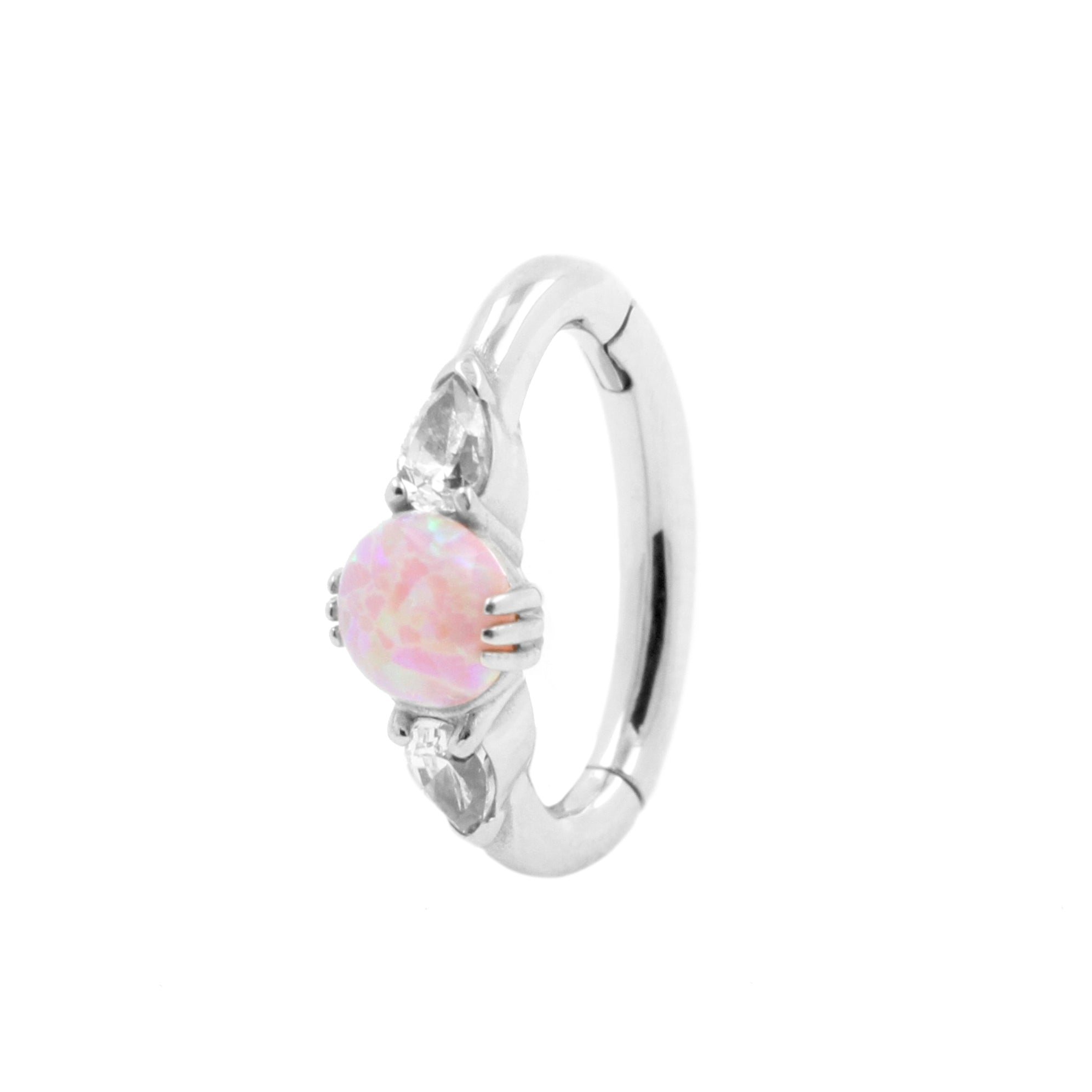 Nickel-Free Stainless Steel Belly Ring Clicker - Opal And Zirconia Pink Opal