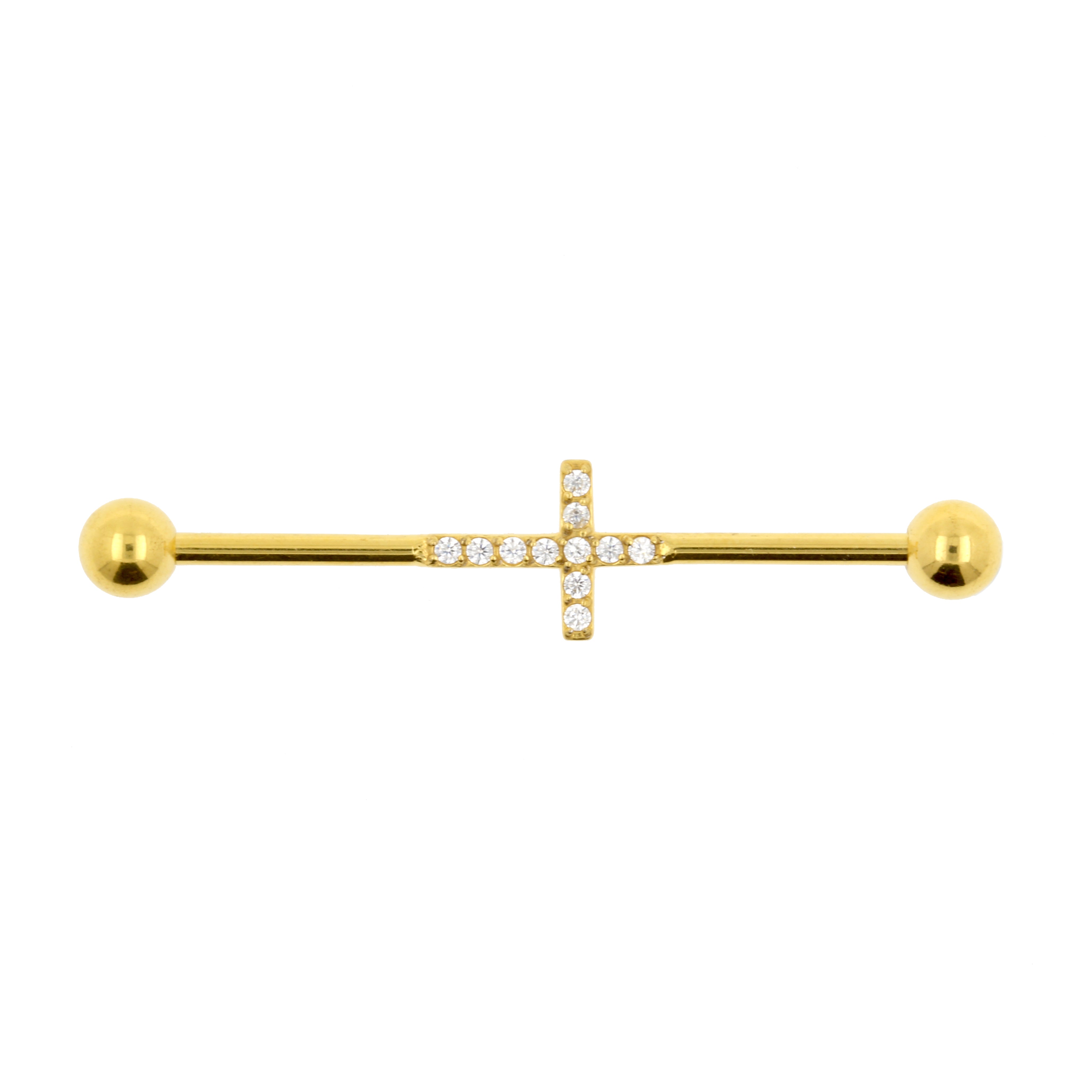 Surgical Steel Jewelled Industrial Barbell - Cross Gold