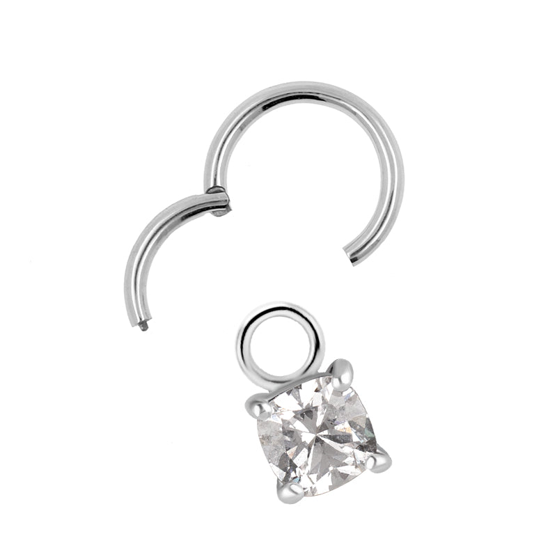 Nickel-Free Stainless Steel Click Ring Charm - Zirconia Square Silver