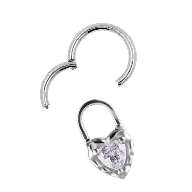 Nickel-Free Stainless Steel Click Ring Charm - Zirconia Heart Locket Silver