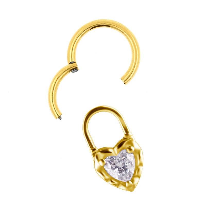 Nickel-Free Stainless Steel Click Ring Charm - Zirconia Heart Locket Gold