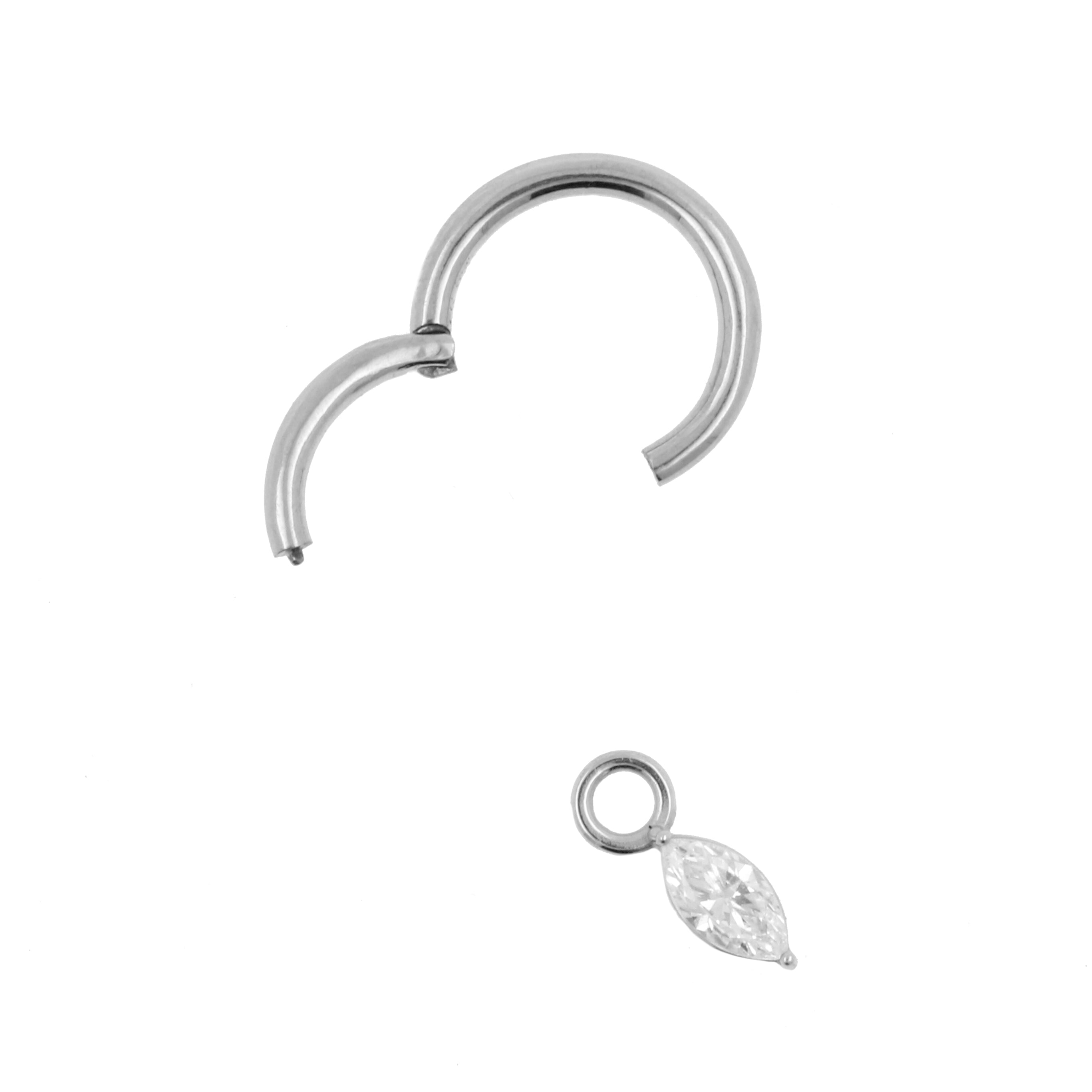 Nickel-Free Stainless Steel Click Ring Charm - Zirconia Marquise Silver