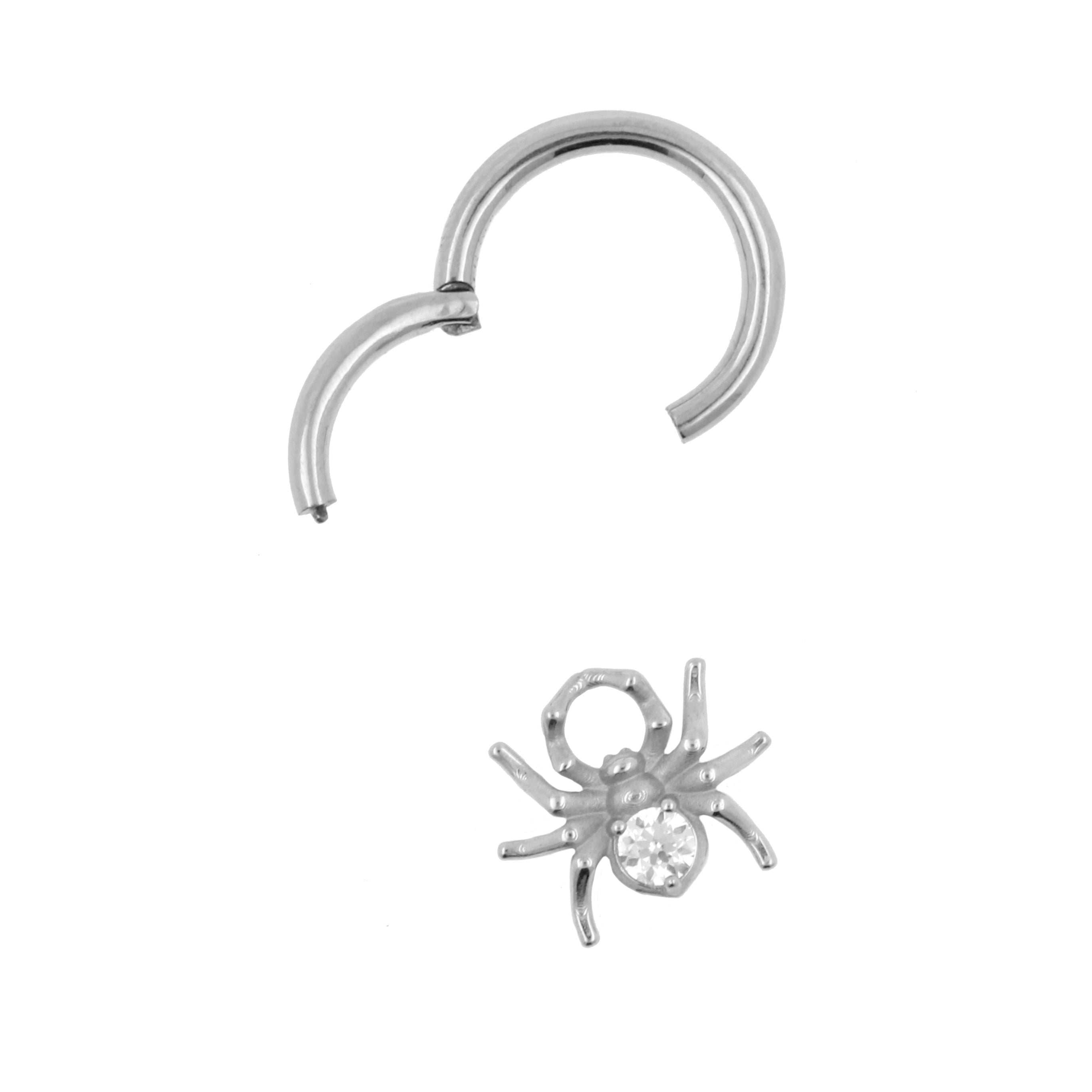 Nickel-Free Stainless Steel Click Ring Charm - Zirconia Spider Silver