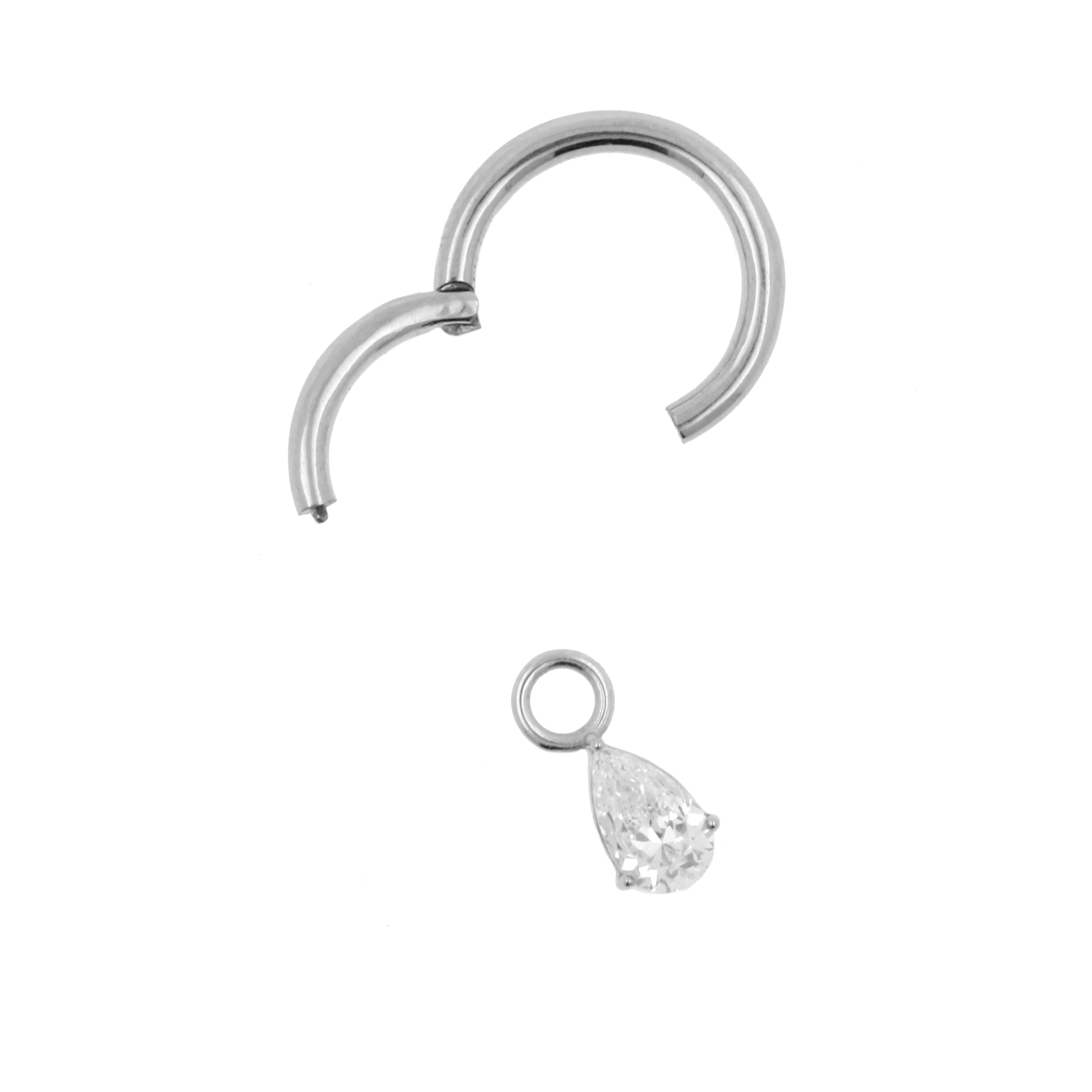 Nickel-Free Stainless Steel Click Ring Charm - Zirconia Droplet Silver