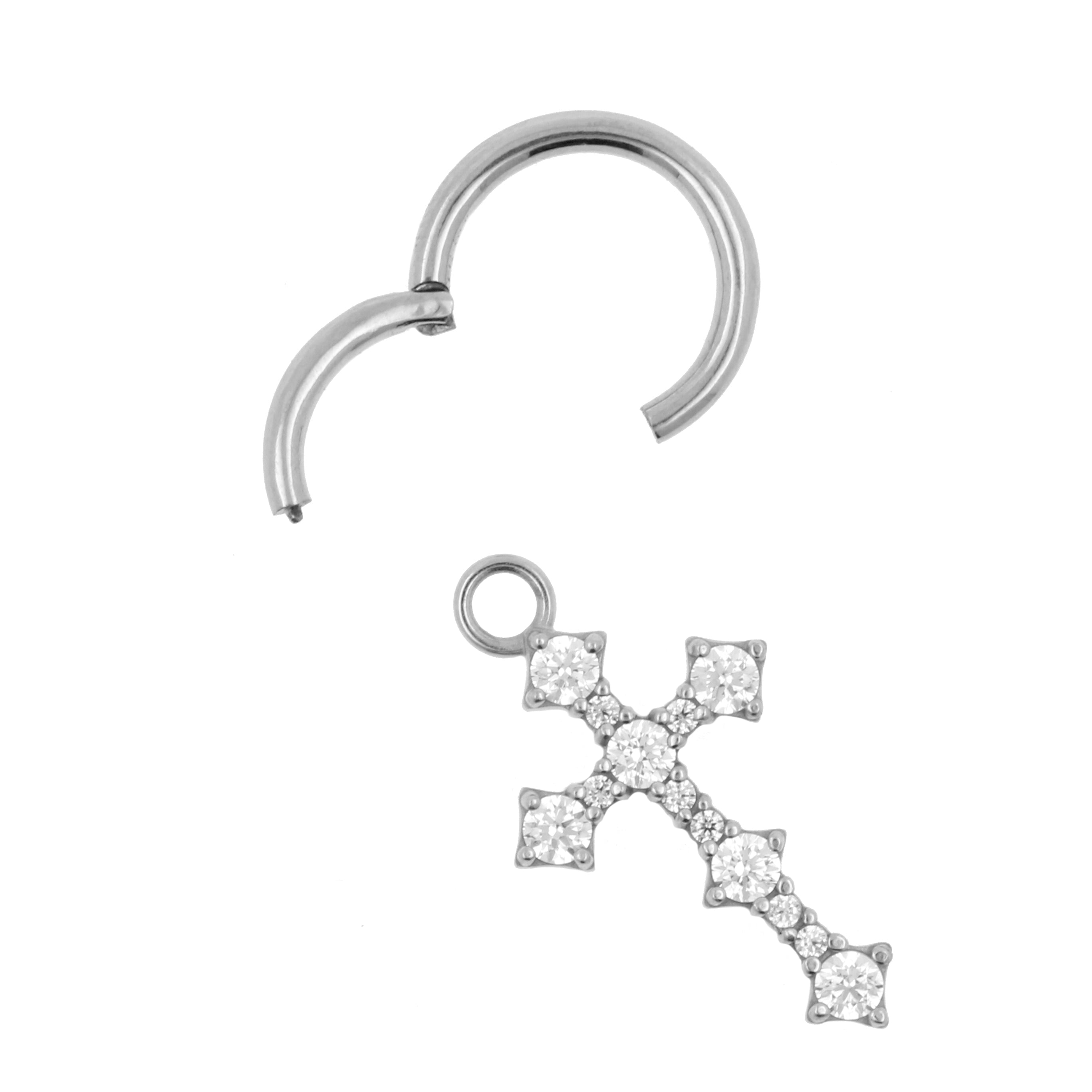 Nickel-Free Stainless Steel Click Ring Charm - Zirconia Cross Silver