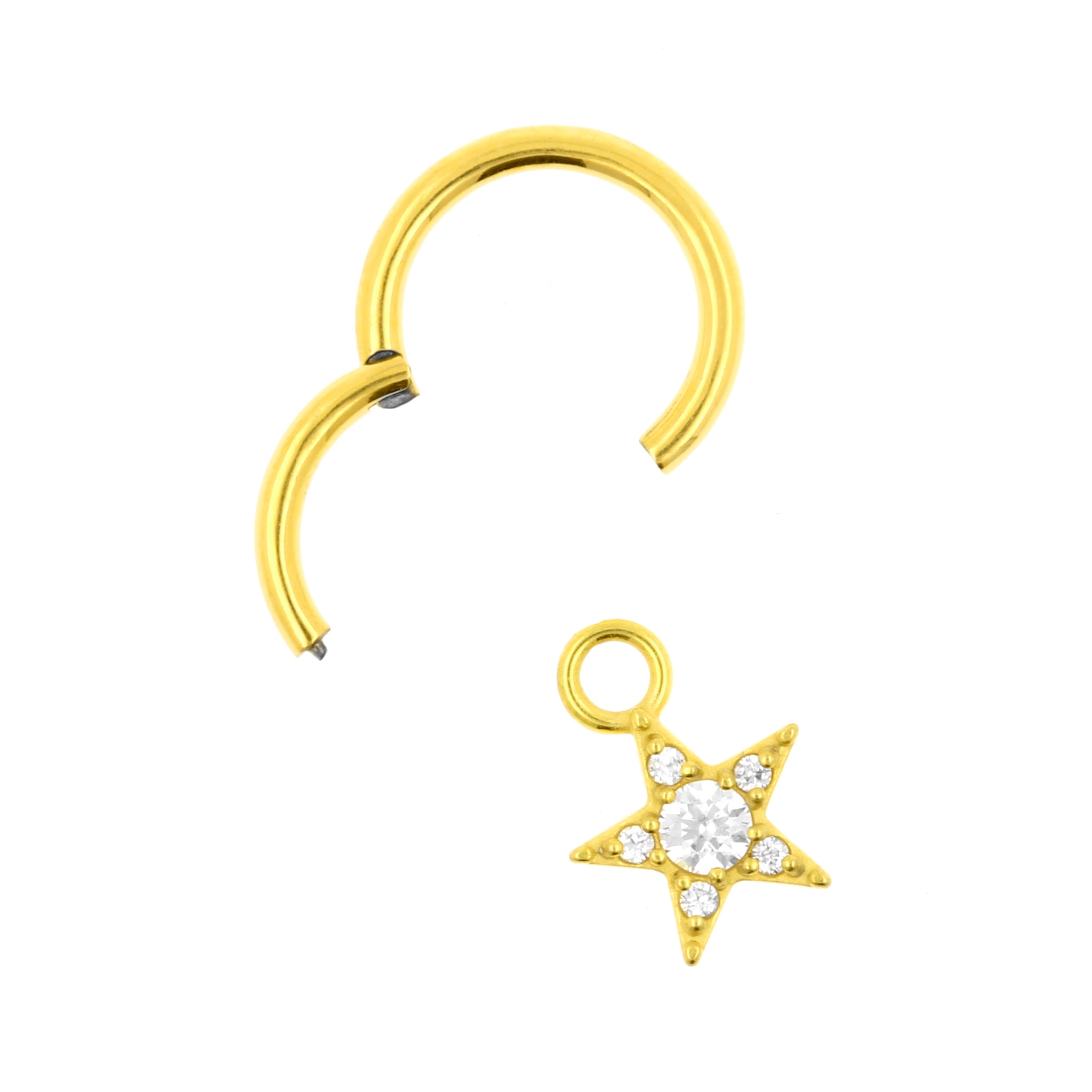 Nickel-Free Stainless Steel Click Ring Charm - Zirconia Star Gold