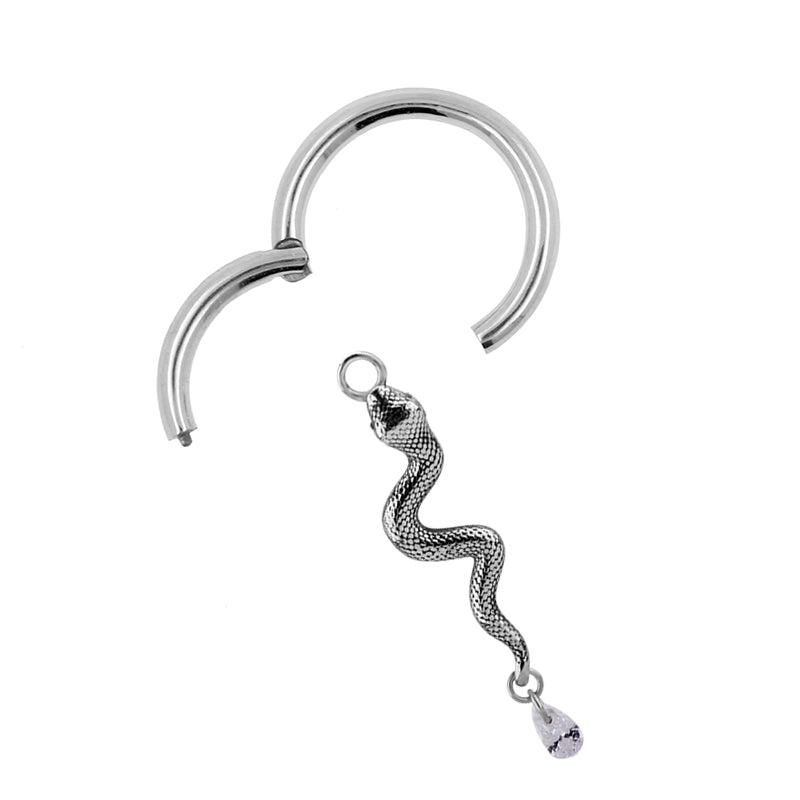 Surgical Steel Click Ring Charm - Zirconia Snake Left Silver