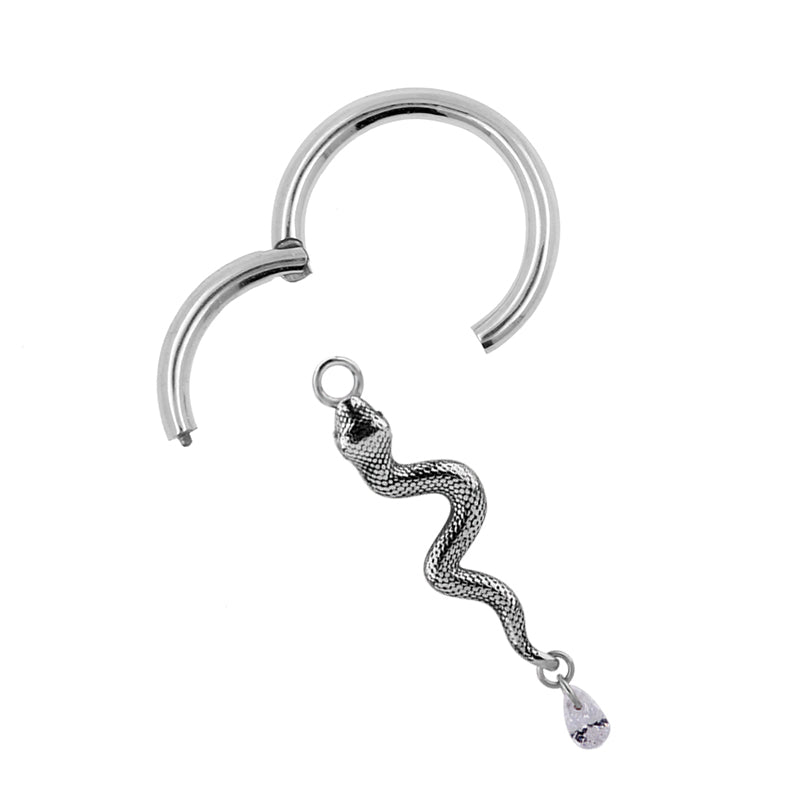 Surgical Steel Click Ring Charm - Zirconia Snake Right Silver