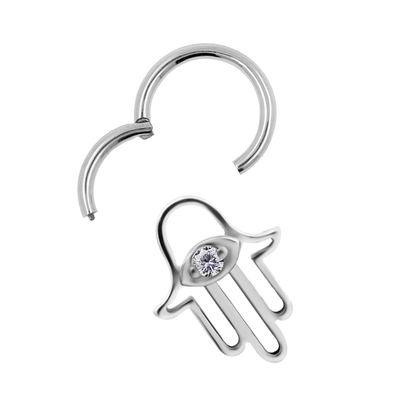 Surgical Steel Click Ring Charm - Zirconia Hand Of Fatima Silver