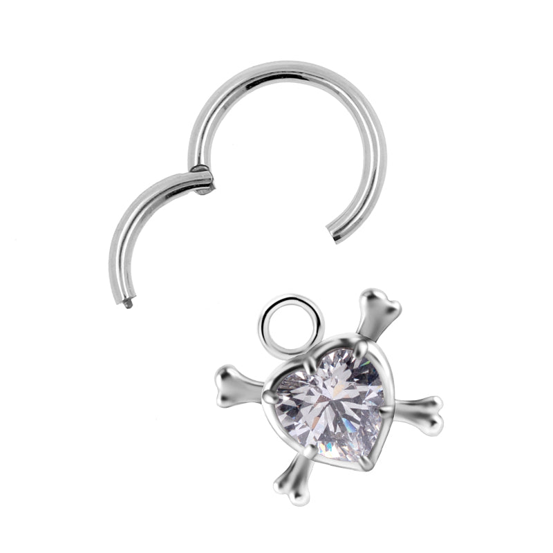 Surgical Steel Click Ring Charm - Zirconia Heart And Bones Silver