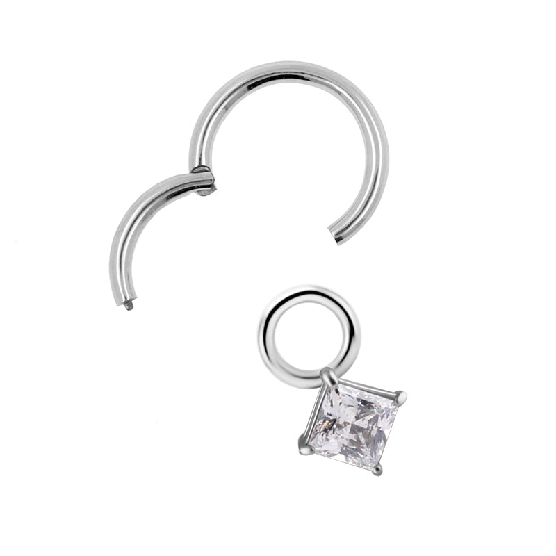 Surgical Steel Click Ring Charm - Zirconia Square Silver