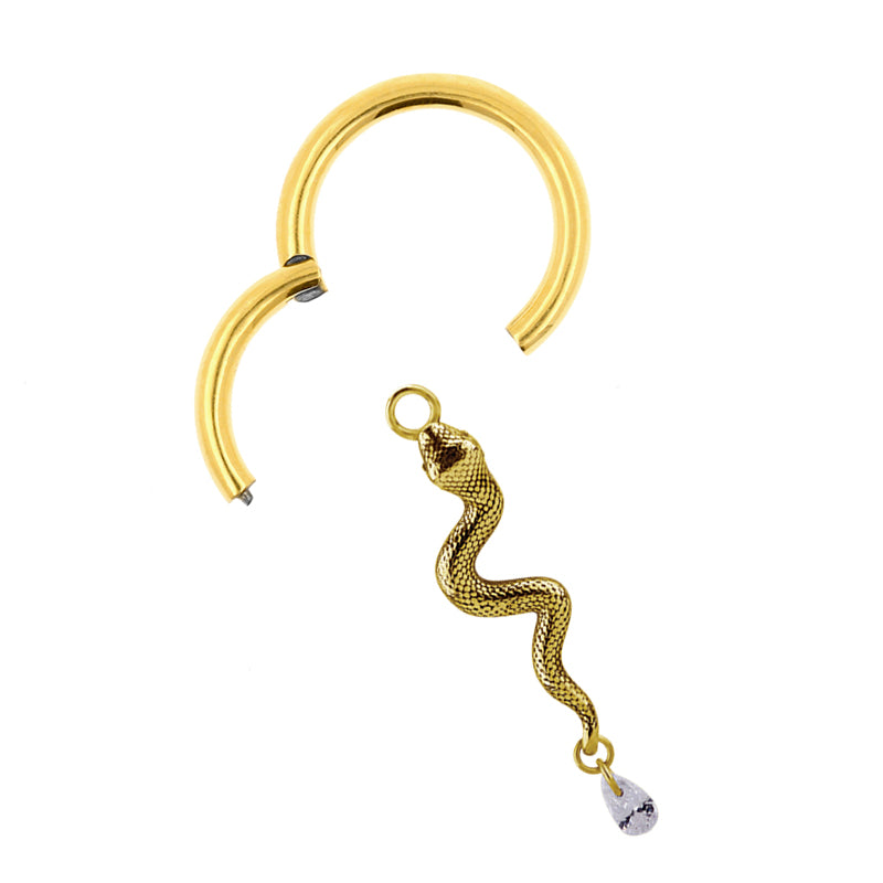 Surgical Steel Click Ring Charm - Zirconia Snake Left Gold