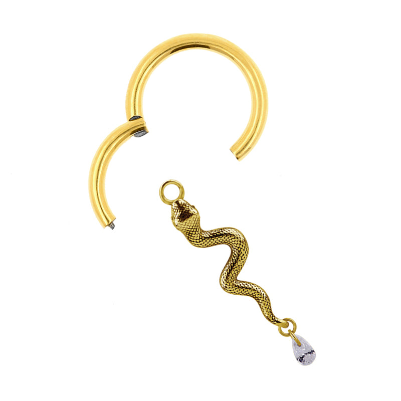 Surgical Steel Click Ring Charm - Zirconia Snake Right Gold