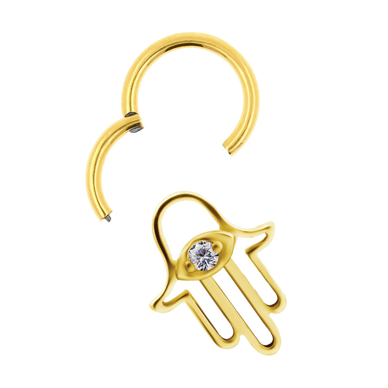 Surgical Steel Click Ring Charm - Zirconia Hand Of Fatima Gold