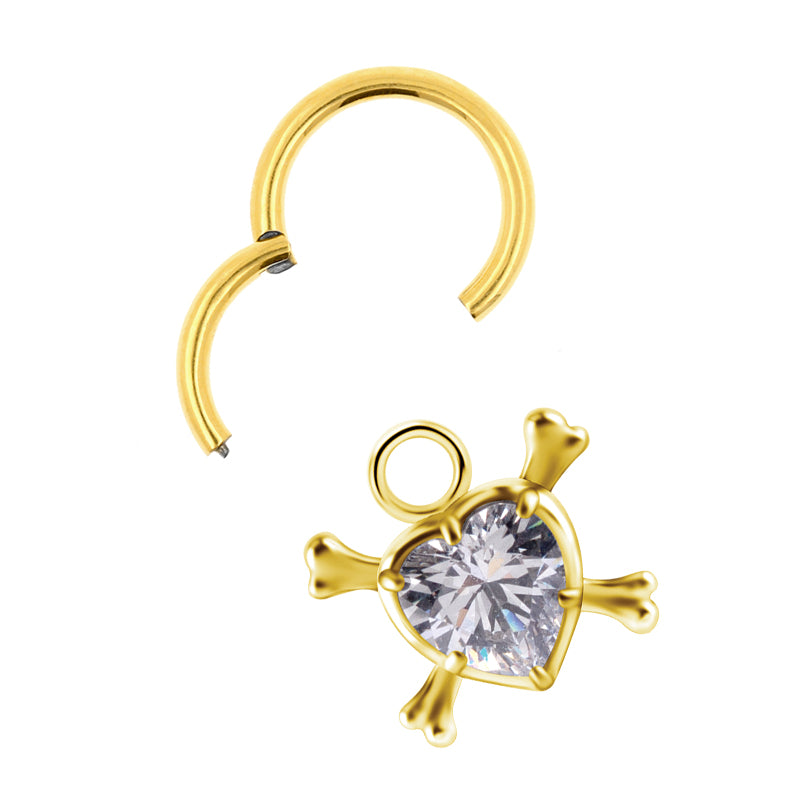 Surgical Steel Click Ring Charm - Zirconia Heart And Bones Gold