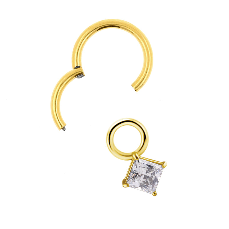 Surgical Steel Click Ring Charm - Zirconia Square Gold