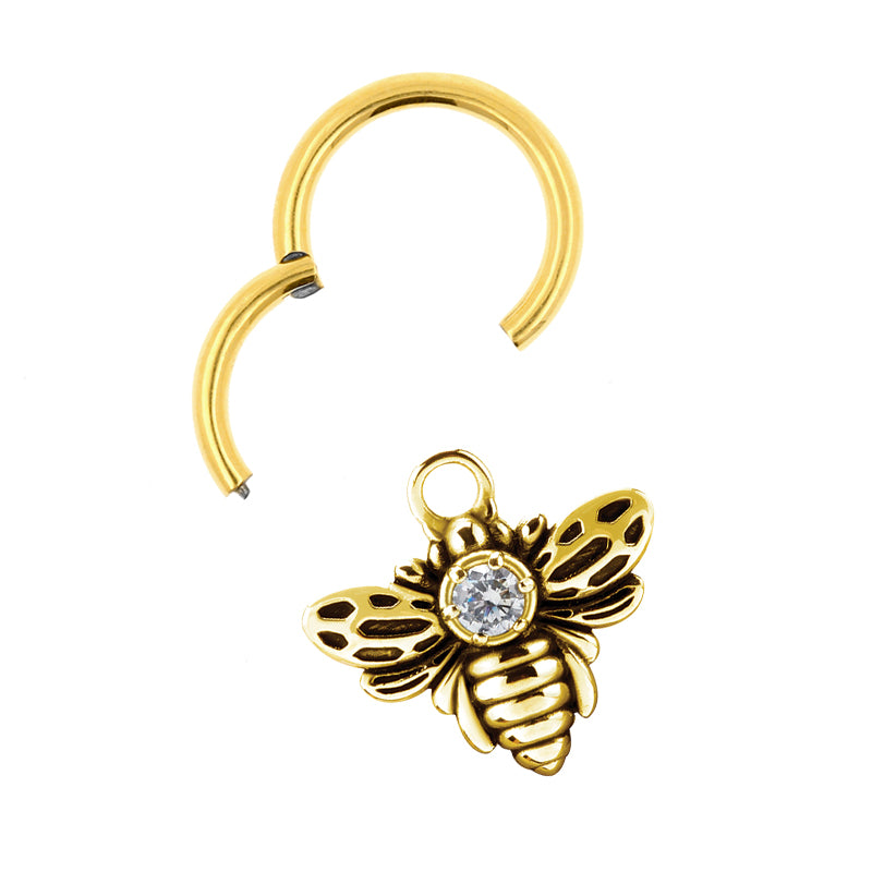 Surgical Steel Click Ring Charm - Zirconia Bee Gold