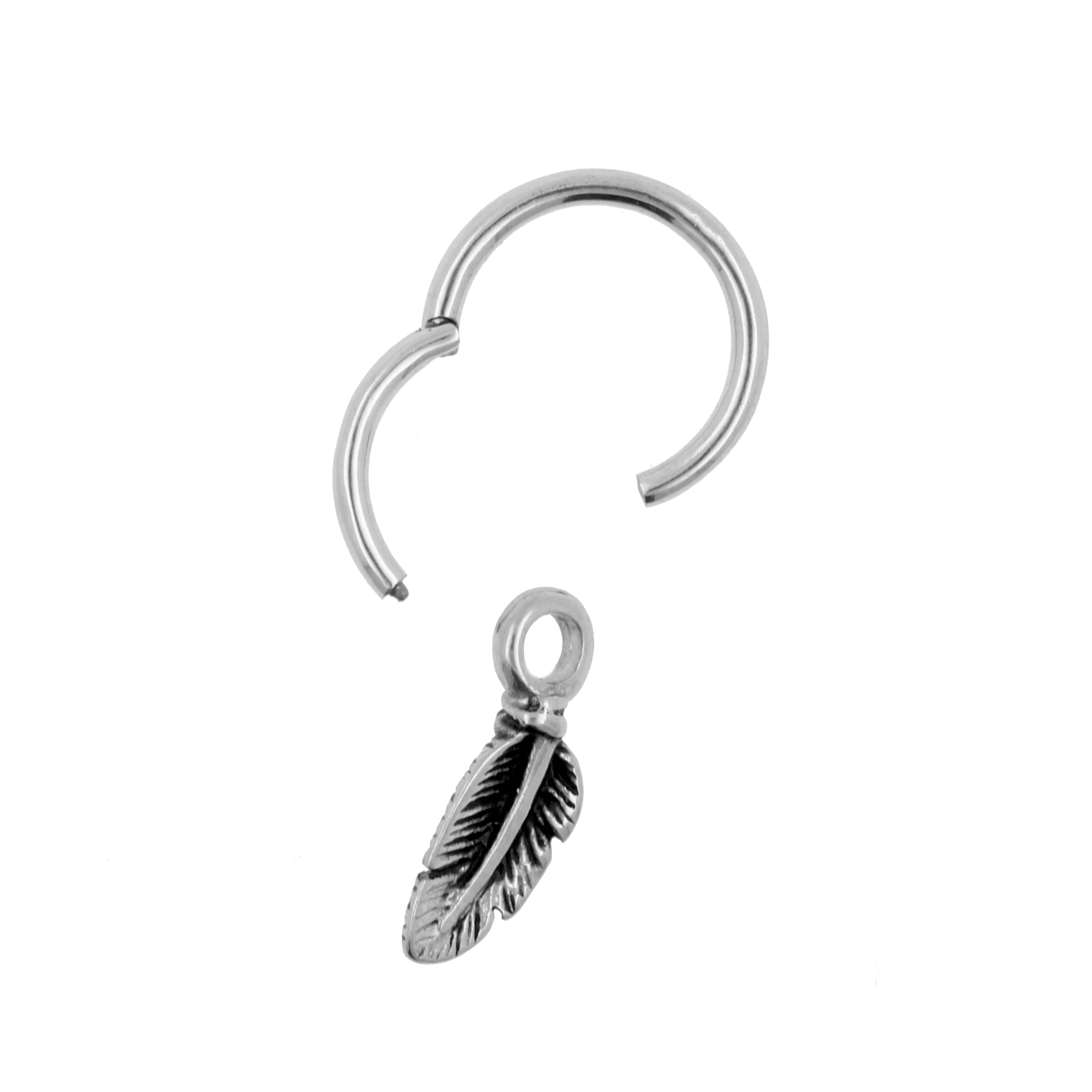 Surgical Steel Click Ring Charm - Feather Silver