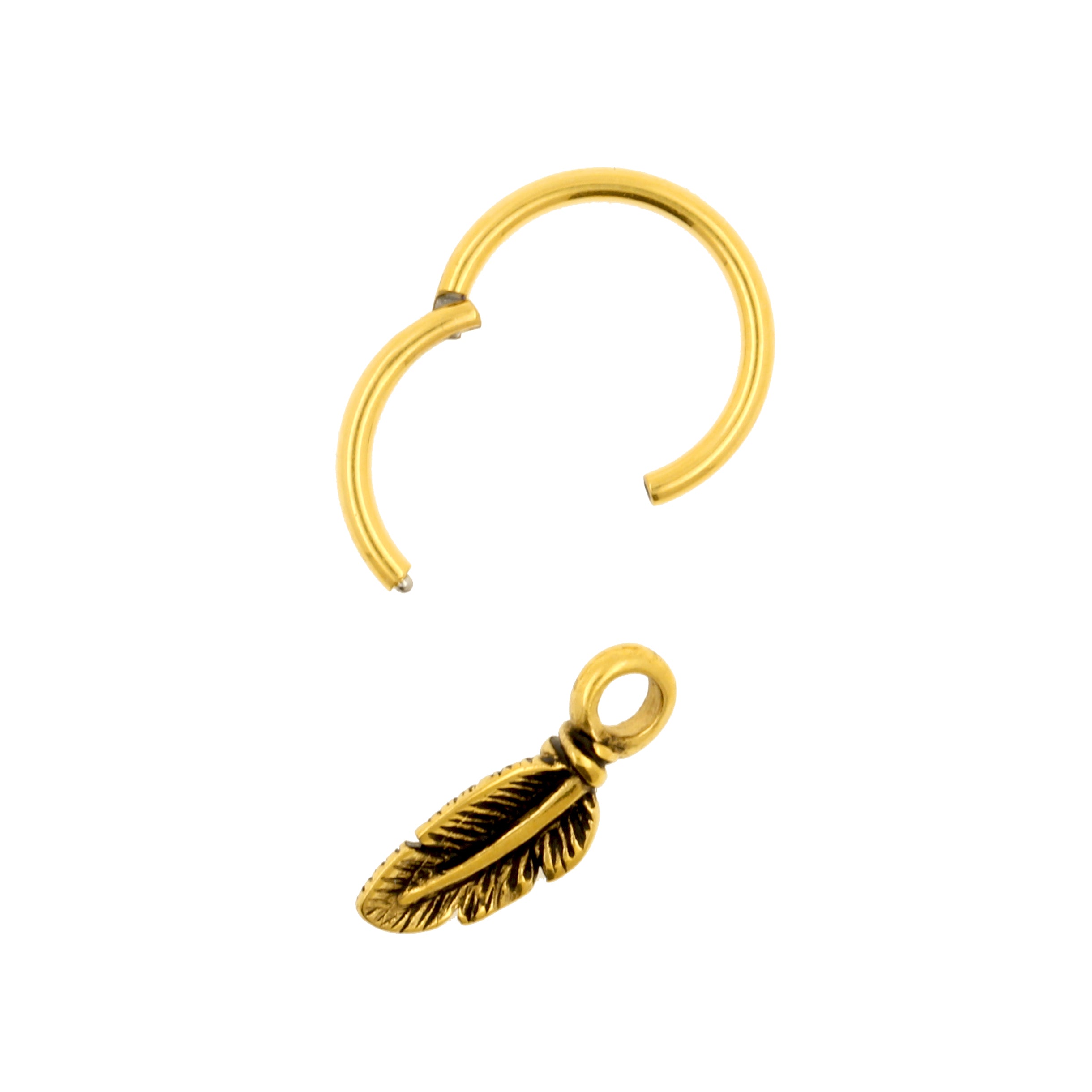 Surgical Steel Click Ring Charm - Feather Gold