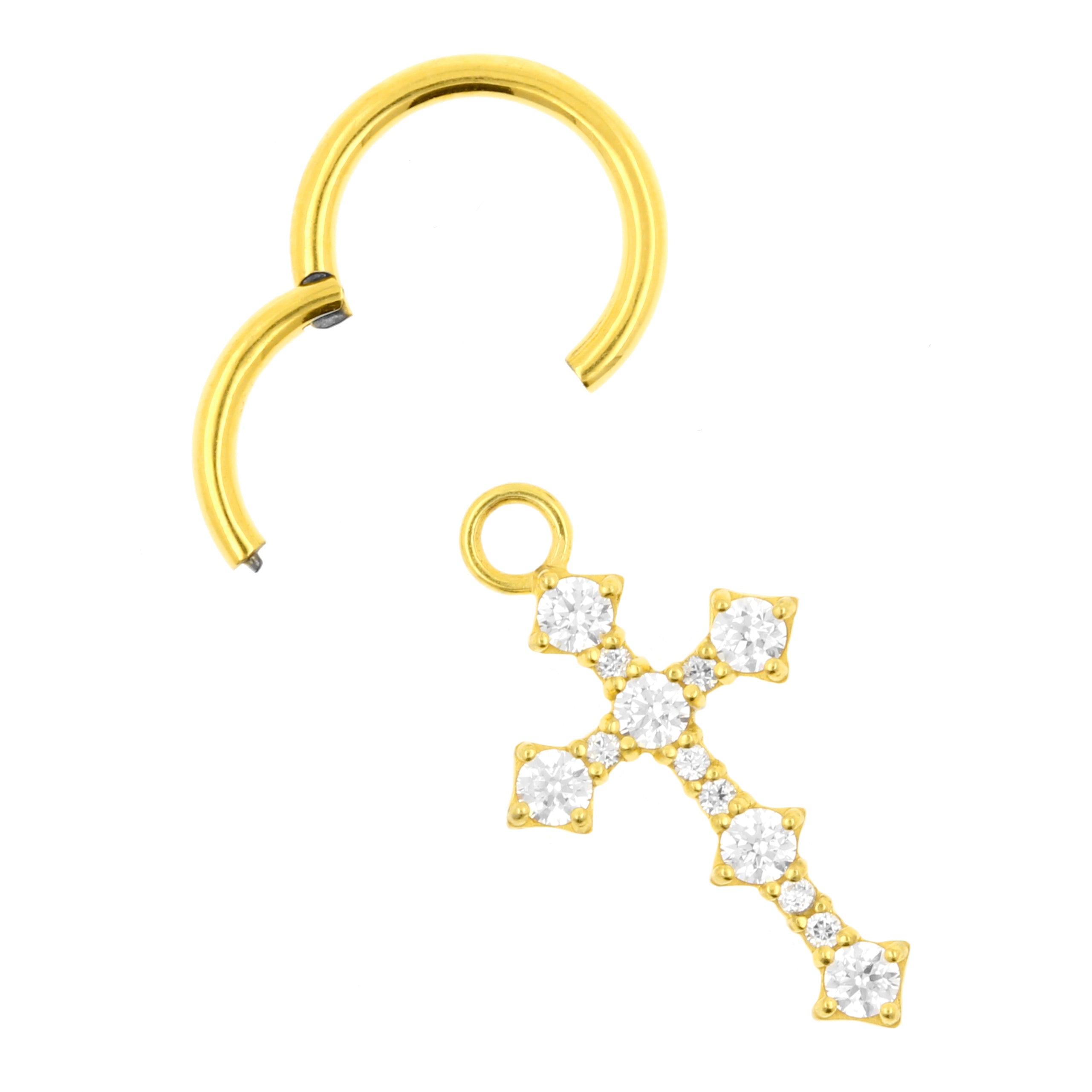 Nickel-Free Stainless Steel Click Ring Charm - Zirconia Cross Gold