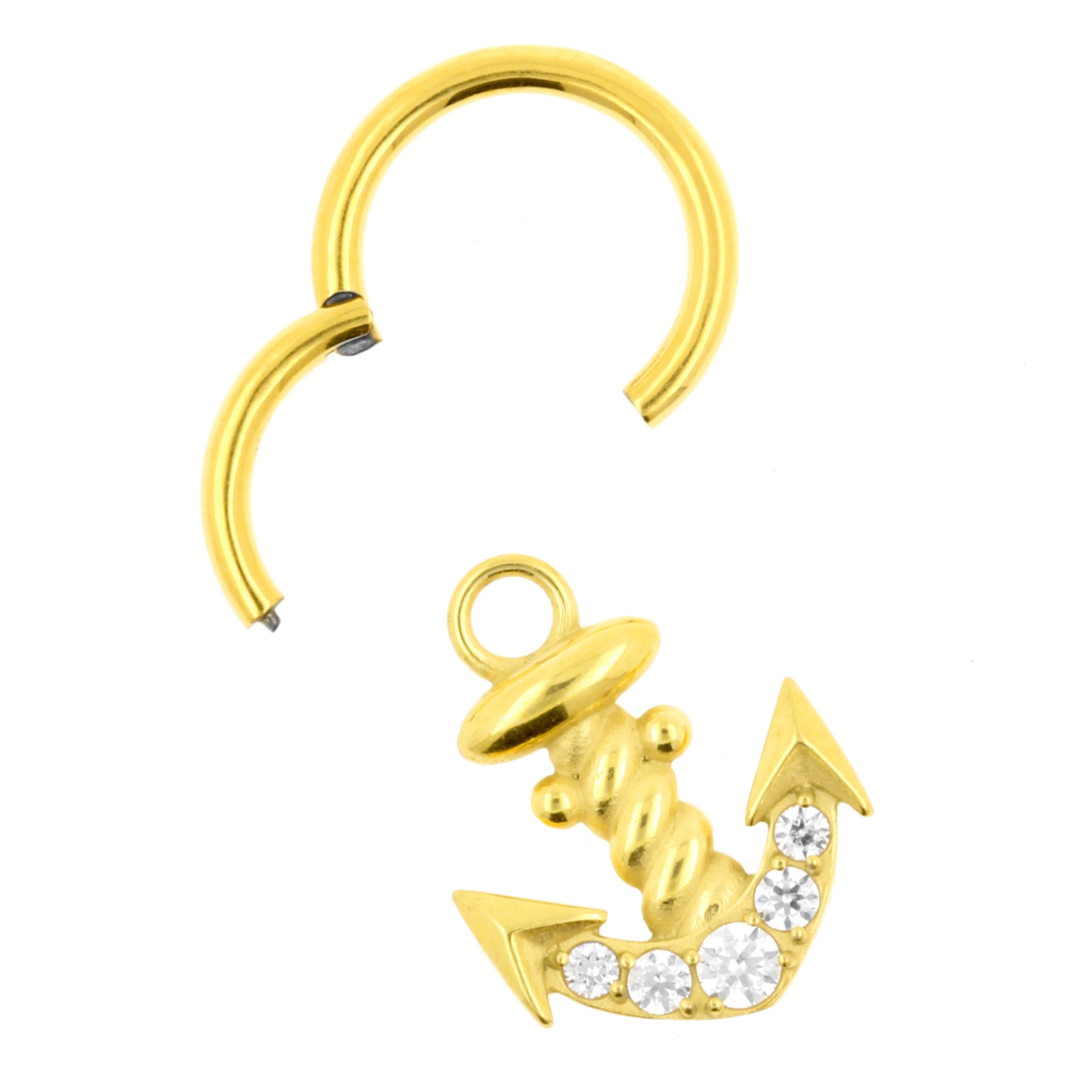 Nickel-Free Stainless Steel Click Ring Charm - Zirconia Anchor Gold