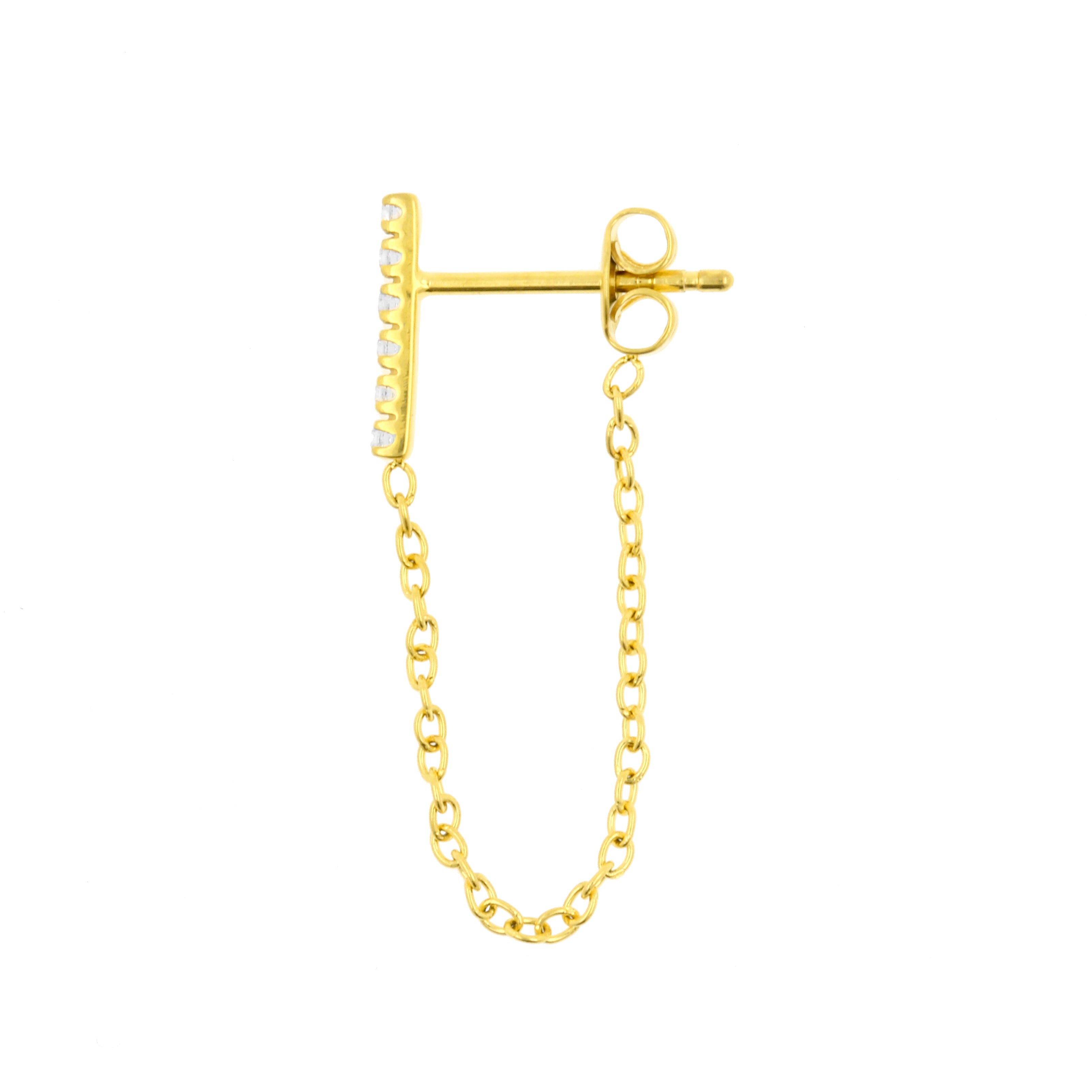 Surgical Steel Ear Studs Zirconia Bar With Chain Jacket Gold