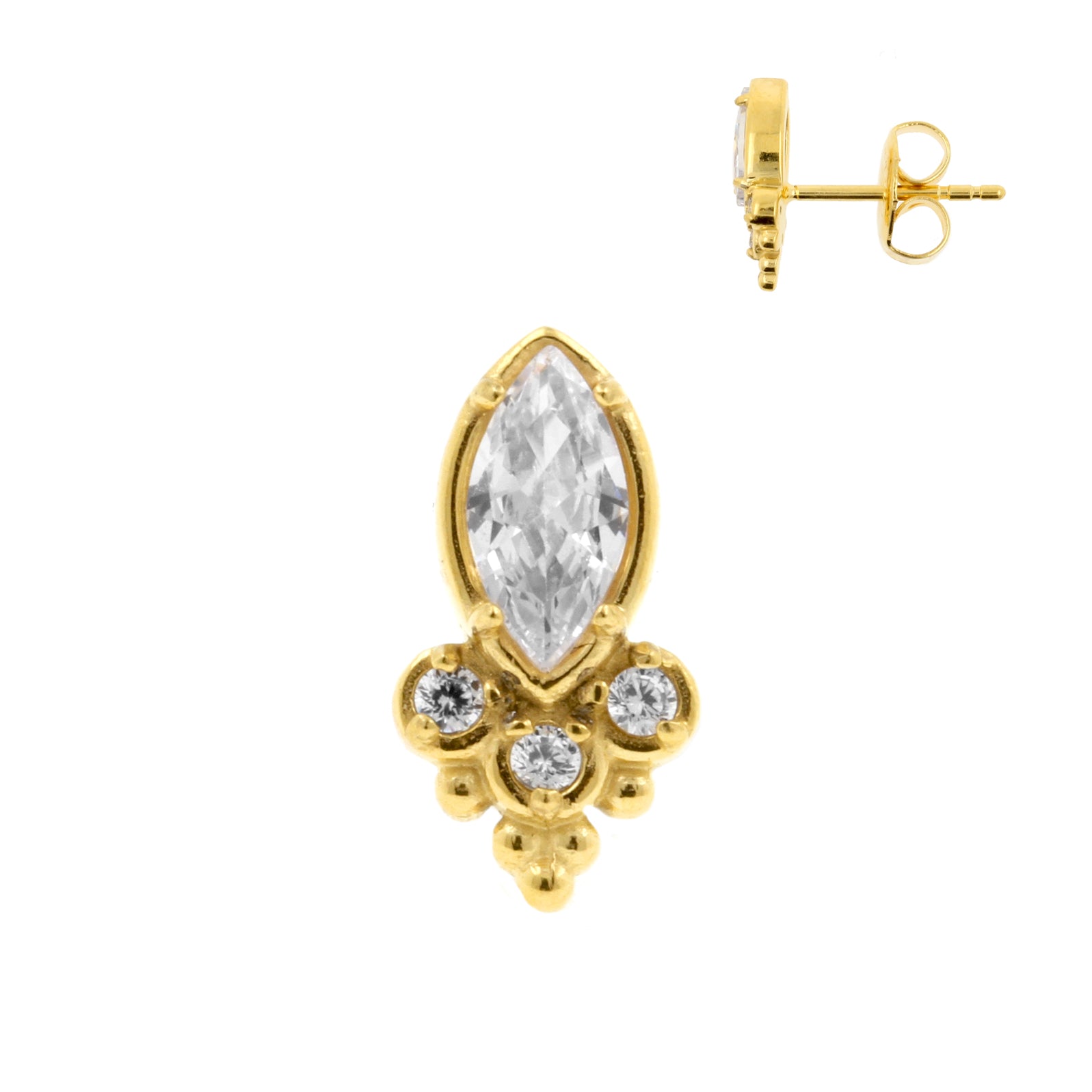 Surgical Steel Ear Studs With Marquise Zirconia And Trinity Dots Gold