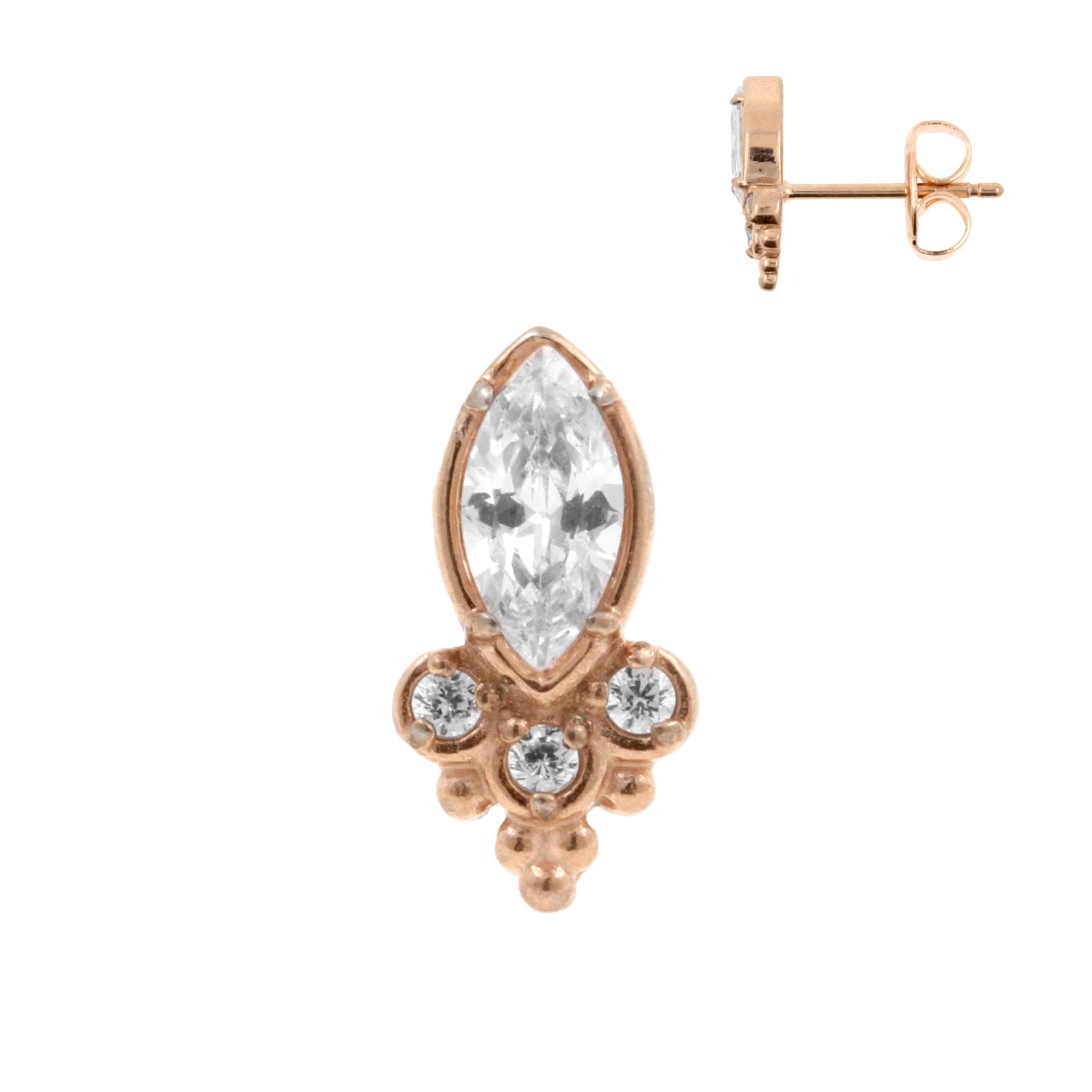 Surgical Steel Ear Studs With Marquise Zirconia And Trinity Dots Rose Gold