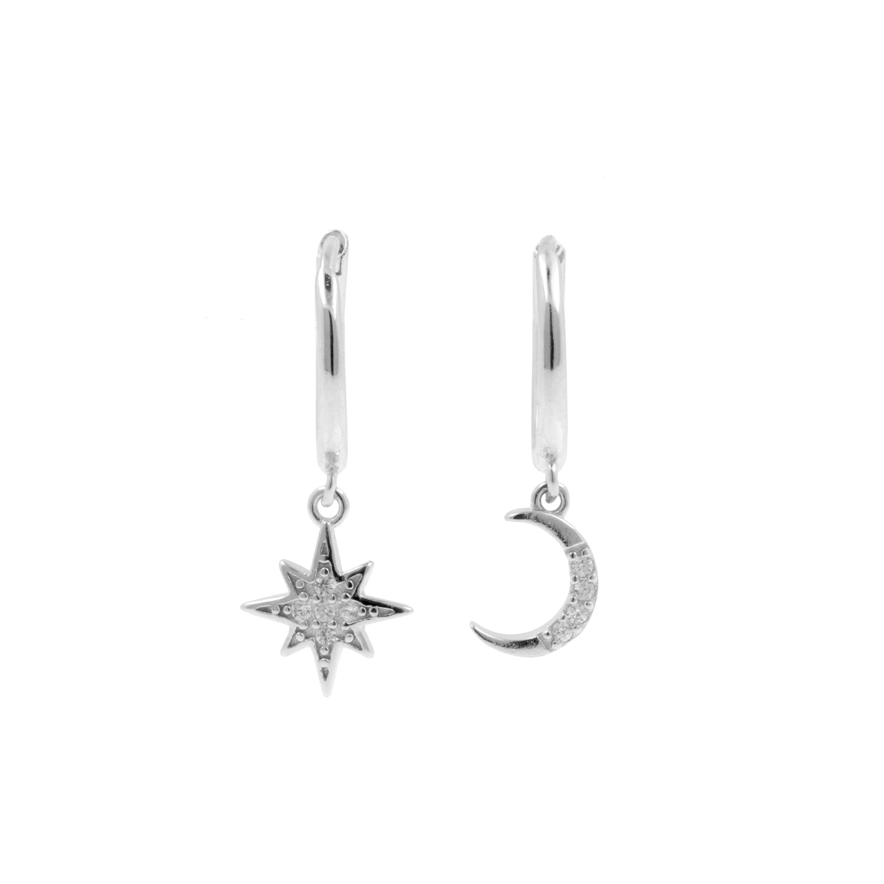 925 Silver Ear Hoops - Sun And Moon Silver