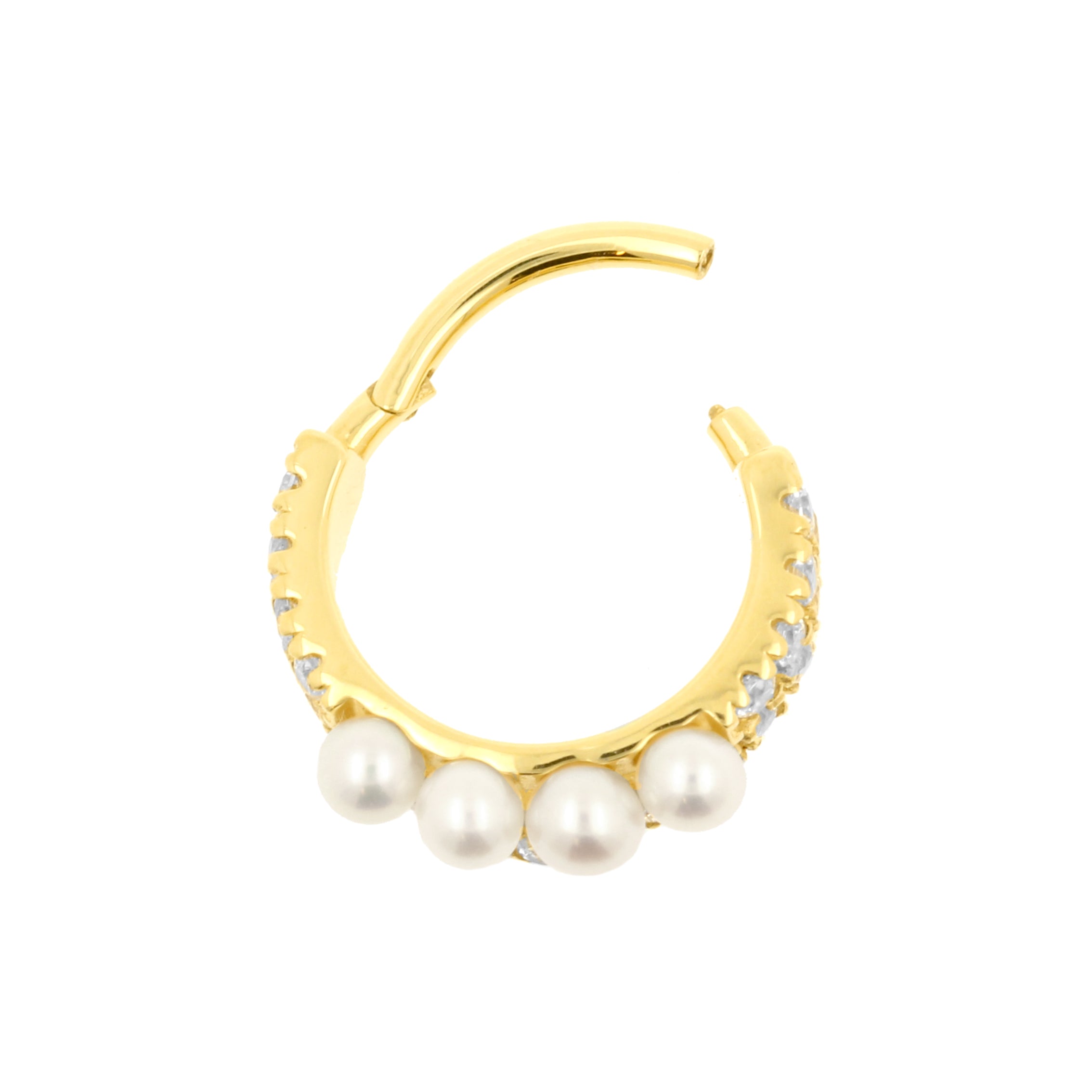 18 Karat Gold Conch Clicker - Zirconia And Pearl Tiara