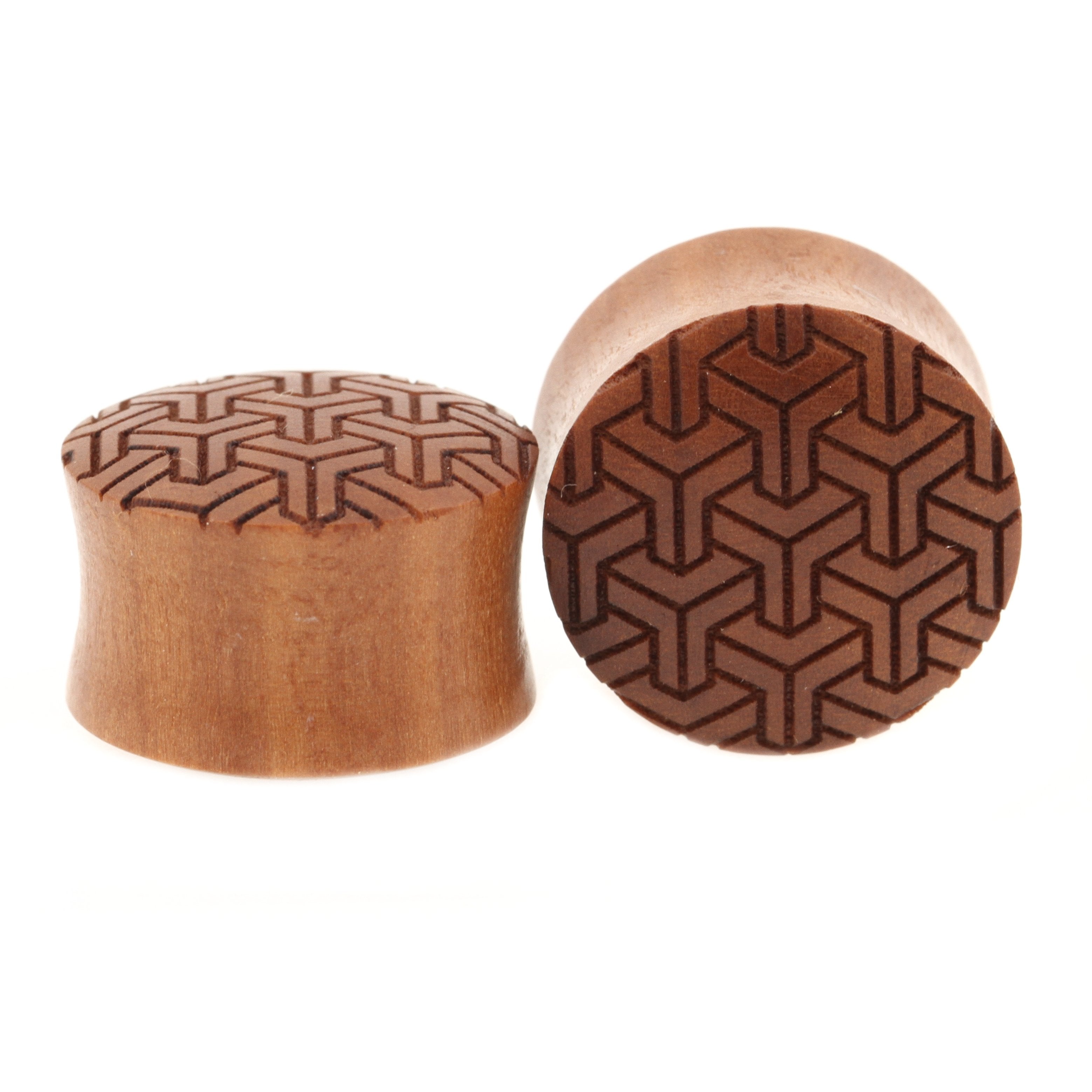 Wood Stacked Cubes Pattern Plugs - Sawo Red Brown