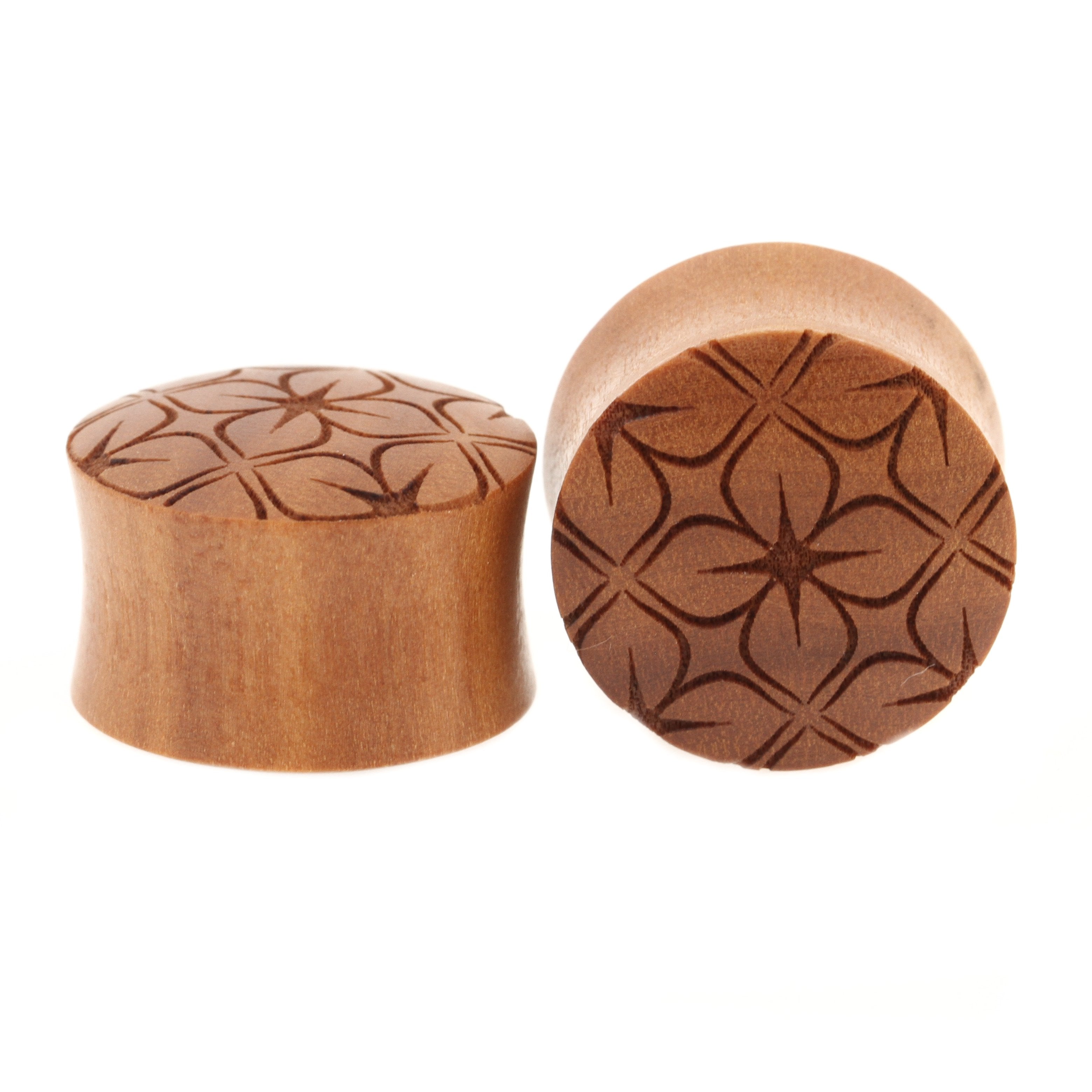 Wood Lotus Flowers Pattern Plugs - Sawo Red Brown